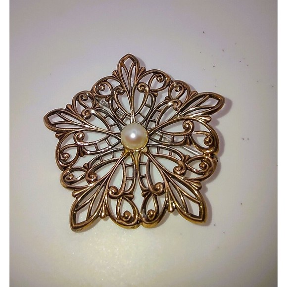 SYMMETALIC ART DECO BROOCH w/ Pearl Marked Sterling 1/20 14k (14k Gold Overlay) - Picture 1 of 4